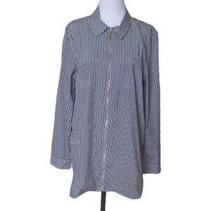 Calvin Klein Womens Long Sleeve Zip Up Collared Striped Shirt White/Black Large